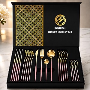 bonzeal 24 pieces pink gold premium cutlery set for 6 person mirror finish stainless steel flatware set cutlery set for hotel cafe bar restaurant dinning table