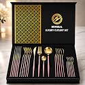 BonZeaL 24 Pieces Pink Gold Premium Cutlery Set for 6 Person Mirror Finish Stainless Steel Flatware Set Cutlery Set for Hotel Cafe Bar Restaurant Dinning Table