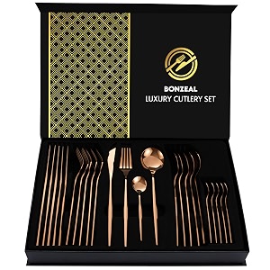bonzeal 24 pieces rose gold cutlery set for 6 person mirror finish stainless steel premium flatware set house warming gifts for new home cutlery set for hotel cafe bar restaurant wedding ceremony