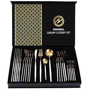 bonzeal 24 pieces white gold cutlery set for 6 person mirror finish stainless steel premium flatware set house warming gifts for new home cutlery set for hotel cafe bar restaurant wedding ceremony