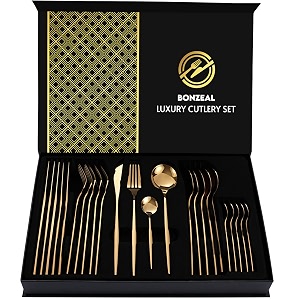 bonzeal gift hamper 24 pcs mirror finish gold stainless steel flatware cutlery set for 6 person with gift box cutlery set for hotel cafe bar restaurant gift for engagement gift for wedding