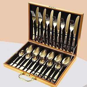 bonzeal gift hamper 24 pcs mirror finish stainless steel flatware luxury gold cutlery set for 6 person with golden box royal wedding gift for couples cutlery for hotel cafe restaurant gift for wedding