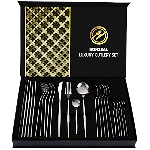 bonzeal gift hamper 24 pcs mirror finish stainless steel flatware silver cutlery set for 6 person cutlery for hotel cafe restaurant dining table gift for ceremony anniversary wedding gift