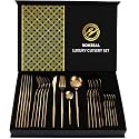 BonZeaL Gift Hamper 24 Pcs Mirror Finish Gold Stainless Steel Flatware Cutlery Set for 6 Person with Gift Box Cutlery Set for Hotel Cafe Bar Restaurant Gift for Engagement Gift for Wedding