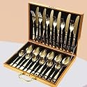 BonZeaL Gift Hamper 24 Pcs Mirror Finish Stainless Steel Flatware Luxury Gold Cutlery Set for 6 Person with Golden Box Royal Wedding Gift For Couples Cutlery For Hotel Cafe Restaurant Gift For Wedding