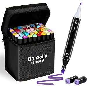 bonzella 36 colors dual tip alcohol art markers sketch pens with case for painting sketching calligraphy drawing chisel amp fine tip permanent colouring marker for kids adult multicolor 36 colors