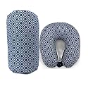 Bookishbunny 2pcs Micro Bead Set U Shaped Neck Travel Pillow 12" x 12" x 4" and Roll Back Pillow Cushion 13" x 7", Various Designs (DiamondNavy)