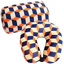 Bookishbunny 2pcs Micro Bead Set U Shaped Neck Travel Pillow 12" x 12" x 4" and Roll Back Pillow Cushion 13" x 7", Various Designs (Blue Orange)