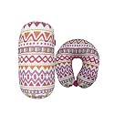 Bookishbunny 2pcs Micro Bead Set U Shaped Neck Travel Pillow 12" x 12" x 4" and Roll Back Pillow Cushion 13" x 7", Various Designs (Pink Wave)