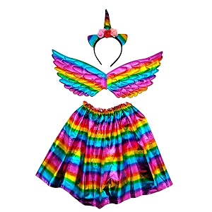 bookmycostume unicorn costume set for girls 26 years  multicolor unicorn skirt rainbow wings with straps amp unicorn headband  fancy dress outfit for role play amp theme events