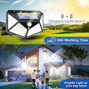 boosty 100 led solar motion sensor wall light  waterproof outdoor security light with 4 side amp 270 wide angle illumination for yard garden pathway garage 100 led solar sensor light