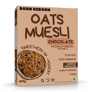 born reborn chocolate oats muesli with sweetness of jaggery  breakfast cereal  high in iron  source of fiber