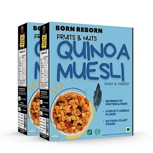 born reborn superfood quinoa muesli with honey jaggery fruits and nuts cereal high in protein amp fiber no added sugar  healthy breakfast diet food wholegrain muesli - pack of 2 400 gram each