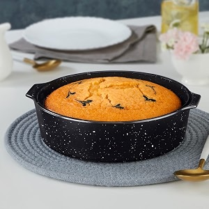 borosil 12 l baking amp serving cake dish with handle  borosilicate glass round shape bakeware and serveware casserole dish tray  microwave oven amp dishwasher safe bowl pebble black