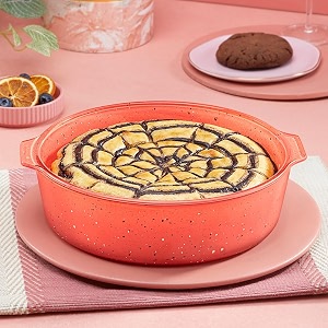 borosil 12 l kube pink baking amp serving cake dish with handle  borosilicate glass round shape bakeware and serveware casserole dish tray  microwave oven amp dishwasher safe bowl
