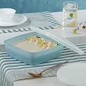 Borosil 800 ml Blue Baking & Serving Dish with Lid | Borosilicate Glass Square Shape Bakeware and Serveware Casserole Dish Tray | Microwave, Oven & Dishwasher Safe Bowl
