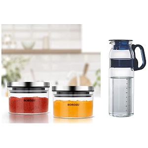 borosil marina jug with plastic handle 13 litres transparent amp classic glass jar for kitchen storage set of 2 300ml  300ml combo