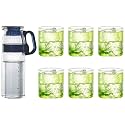 Borosil Marina Jug with Plastic Handle, 1.3 Litres, Transparent + Borosil Vision Small Squat Glass, 205 ml+_20 ml, Set of 6