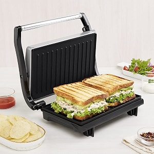 borosil grill sandwich maker  can make 2 large sandwich  made in india bis approved  nonstick coated plates even grilling  cool touch handle  indicator light  2 years warranty prime grill