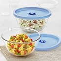 Borosil Select Glass Mixing &amp; Serving Bowls with Blue Lids, Microwave Safe Bowls, Set of 2 (900 ml, 1.3 L), Borosilicate Glass, Clear