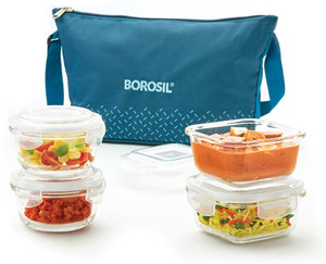 borosil teal daisy bag 4 pc 320ml x 2 square  240ml x 2 round tiifin for office 4 containers glass office lunch box