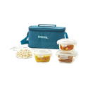BOROSIL Teal Universal Bag, 4 Pc (320ml x 2 Square + 240ml x 2 Round) Office Tiifin 4 Containers Glass Office Lunch Box (1120 ml)