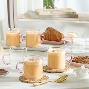 borosil vision 6 pcs tea n coffee borosillicate glass 190 ml classic mug set  microwave safe scratch resistance lightweight  for chai green tea milk  transparent pink
