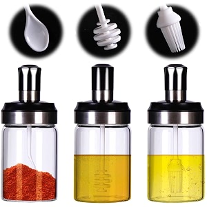 borosilicate glass jar pickle jar honey jar oil dispenser 3 different jars with basting brush spice spoon honey dipper - 300 ml 3 - brush  spoon  honey jar