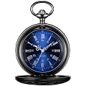 BOSHIYA Pocket Watches for Men Vintage Unique Blue Dial Roman Numerals Scale Black Quartz Pocket Watch with Chain for Christmas Graduation Birthday Gifts