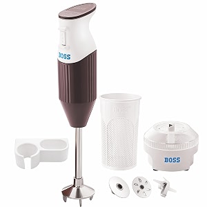 boss big boss portable hand blender  powerful 275 w motor  5 years warranty first in india  variable speed control  isi-marked twin brown