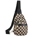 BOSTANTEN Sling Bag for Women Leather Crossbody Bags Fanny Pack Chest Bag for Travel, A-checkered Coffee, 10.24 x 6.69 x 3.15 inches, Classic Casual Travel