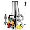 Boston Cocktail Shaker Set, 18 oz &amp; 28 oz 2-Piece Tins, 304 Stainless Steel Bartender Kit 5-Piece Bar Tool Set with Recipe Book, Perfect for Novices &amp; Pros, Home and Bar Use (Silver)