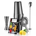 Boston Cocktail Shaker Set, 18 oz &amp; 28 oz 2-Piece Tins, 304 Stainless Steel Bartender Kit 5-Piece Bar Tool Set with Recipe Book, Perfect for Novices &amp; Pros, Home and Bar Use (Black)