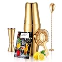 Boston Cocktail Shaker Set, 18 oz &amp; 28 oz 2-Piece Tins, 304 Stainless Steel Bartender Kit 5-Piece Bar Tool Set with Recipe Book, Perfect for Novices &amp; Pros, Home and Bar Use (Gold)