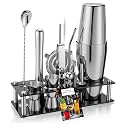 Boston Cocktail Shaker Set, 18 oz &amp; 28 oz 2-Piece Tins, 304 Bartender Kit 15-Piece Bar Tool Set with Acrylic Stand &amp; Recipe Book, for Novices &amp; Pros, Home and Bar Use (Silver)