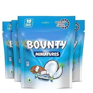 bounty miniatures coconut filled chocolate pack  soft amp tender coconut in the centre  10 mini bars  100 g  pack of 4