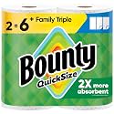 Bounty Paper Towels Quick Size, White, 2 Family Triple Rolls : 6+ Regular Rolls (Pack of 6)