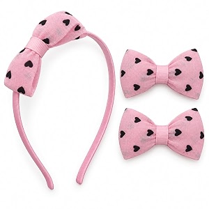 bow hairband for girls kids - pink hairband amp bow clips for baby girl - kids hair band with 2 bow clips pink heart print 3 pcs set  gogopogo