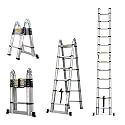 BOWEITI 3.8m Telescoping Ladder,Telescoping A Frame Ladder with Balance Bar and Movable Wheel,Household Use Folding Ladder,Multi-Purpose Collapsible Ladder for Outdoor Work, Aluminium