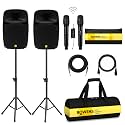 Bowens Dual 8 Inch 400W PA System – Portable Speakers with Bluetooth, USB/SD, LCD & Remote – DJ Sound System with Wireless Karaoke Microphone for Singing/Microfono & Stands