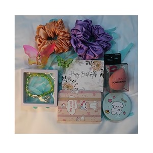 box of bliss 9pcs birthday gift combohamper for womenampgirls 2 scrunchies 2 clutches birthday card charm braceletpocket mirror blender mini diary gift for her anniversary valentinesgreen