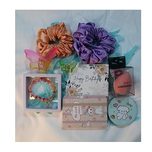 box of bliss birthday gift combo hamper for women and girls 2 scrunchies 2 clutches birthday cardcharm bracelet pocket mirror blender mini diary gift for her anniversary valentinesred