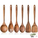 Boxiki Kitchen Luxury Teak Wood Utensil Set - Elegant 6-Piece Cooking Ensemble Including Spoons, Server, Scraper & Spatula - Expertly Crafted for Culinary Excellence