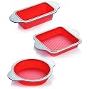 Boxiki Kitchen Silicone Baking Pans Set. 3 PCS Professional Non-Stick Baking Cake Pans Set includes Silicone Round Cake Pan, Square Cake Pan and Bread Loaf Pan.