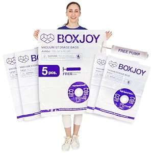 boxjoy 1 jumbo 2 large 2 medium transparent vacuum storage bags for travelling  packing winter clothes blanket pillows cloth  space saver vaccine compression bag with travel vaccum pump  pack of 5