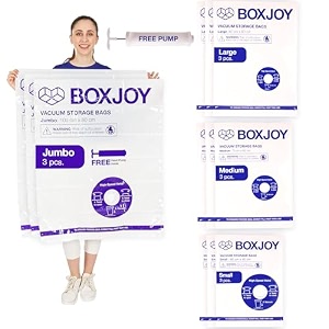 boxjoy 3 jumbo 3 large 3 medium 3 small transparent vacuum storage bags for travelling  packing winter clothes blanket pillows cloth  space saver vacuum compression bag with travel pump  pack of 12