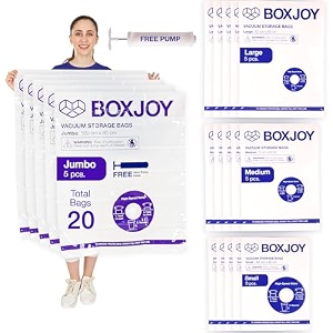 boxjoy 5 jumbo 5 large 5 medium 5 small transparent vacuum storage bags for travelling  packing winter clothes blanket pillows cloth  space saver vacuum compression bag with travel pump  pack of 20