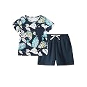 Boy Shorts Sets Summer Hawaii Outfit Palm Print Short Sleeve T-Shirt and Drawstring Cotton Shorts with Pockets