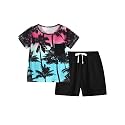 Boy Shorts Sets Summer Hawaii Outfit Palm Print Short Sleeve T-Shirt and Drawstring Cotton Shorts with Pockets