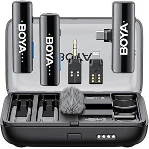 boya dual wireless mic with 30h battery backup 100m range clip on mic wireless for youtube vlogging recording interview type-c lightning amp 35mm adapters for dslr camera amp smartphones boyalink-2